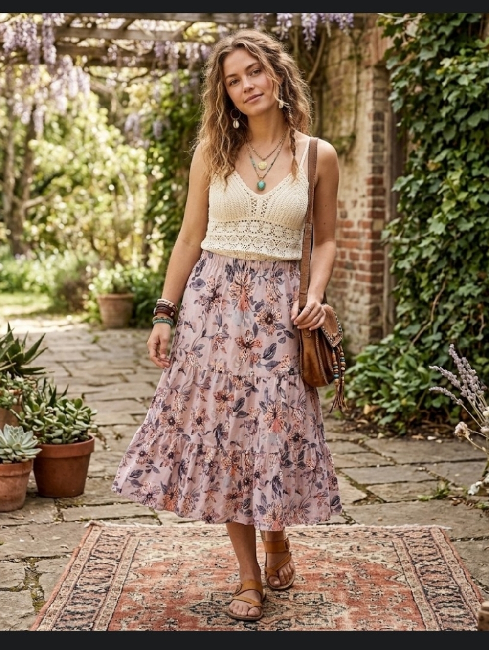New Tiered Floral Maxi Skirt M Pinkish Tan Botanical Boho Cottagecore